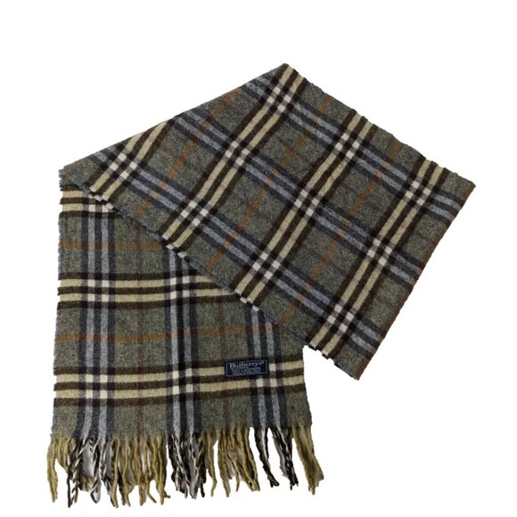 BURBERRY London Vintage Classic Nova Check Knit 100% Cashmere Fringe Green SCARF - Picture 1 of 6